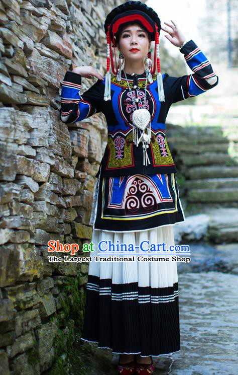 Chinese Ethnic Torch Festival Stage Performance Outfits Costumes Yi Nationality Folk Dance Dress Clothing and Hat