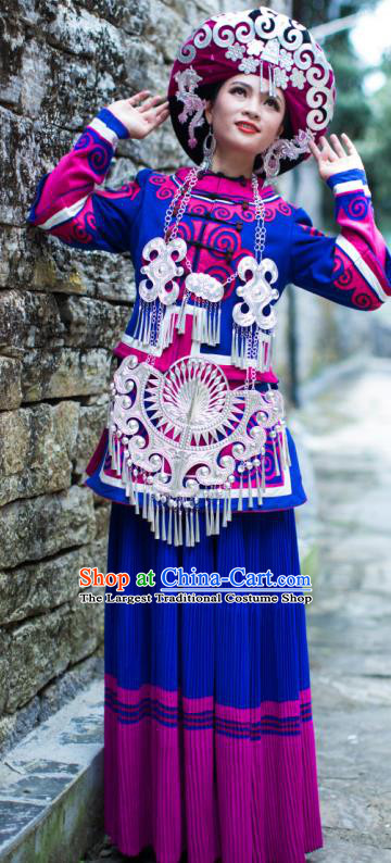 Chinese Ethnic Wedding Bride Deep Blue Outfits Costumes Yi Nationality Stage Performance Dress Clothing and Headwear