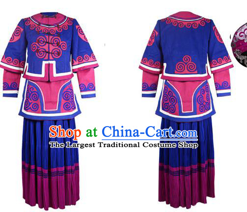 Chinese Ethnic Wedding Bride Deep Blue Outfits Costumes Yi Nationality Stage Performance Dress Clothing and Headwear