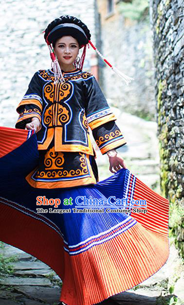 Chinese Ethnic Woman Folk Dance Outfits Costumes Yi Nationality Dress Stage Show Clothing and Beads Tassel Black Hat