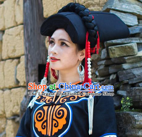 China Liangshan Ethnic Minority Black Tile Headwear Traditional Yi Nationality Tassel Hat for Women