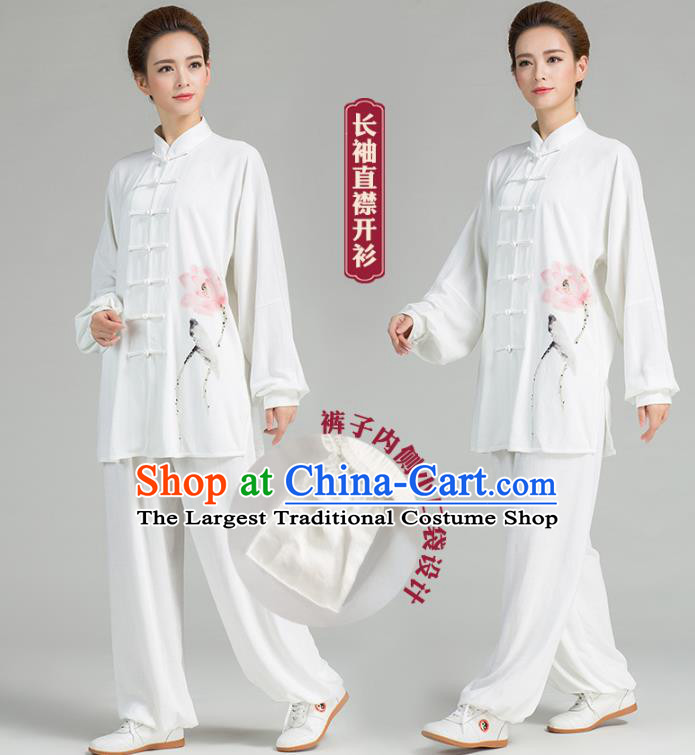 China Traditional Martial Arts Tai Chi Clothing Hand Painting Lotus White Flax Uniforms