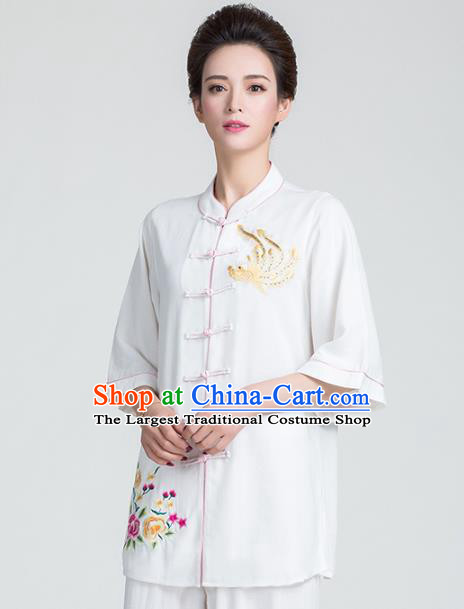 China Kung Fu Printing Flowers White Uniforms Traditional Martial Arts Tai Chi Clothing