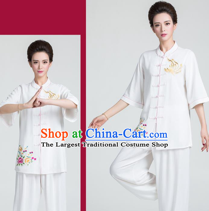 China Kung Fu Printing Flowers White Uniforms Traditional Martial Arts Tai Chi Clothing