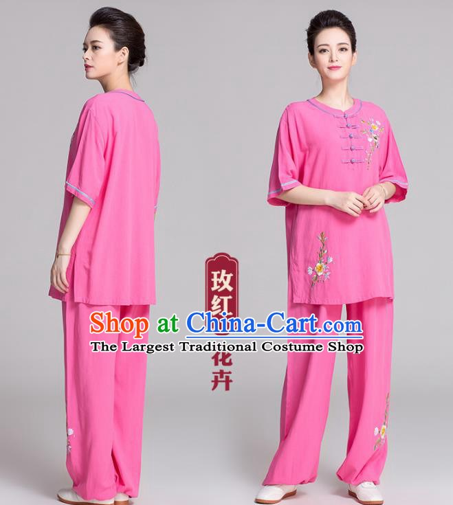 China Traditional Martial Arts Costume Women Tai Chi Clothing Kung Fu Printing Flowers Rosy Uniforms