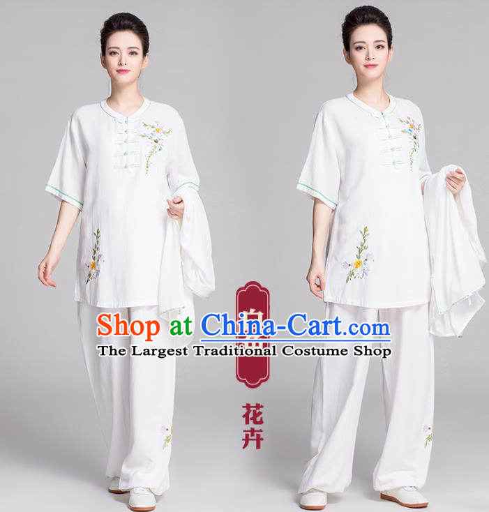 China Kung Fu Printing Flowers White Uniforms Traditional Martial Arts Costume Women Tai Chi Clothing