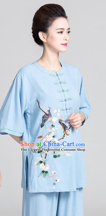 China Traditional Tai Chi Costume Women Martial Arts Clothing Kung Fu Printing Flowers Bird Blue Uniforms