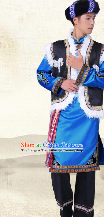 China Qiang Nationality Folk Dance Costumes Suchuan Province Ethnic Minority Male Blue Outfits and Hat