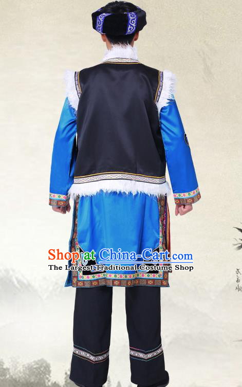 China Qiang Nationality Folk Dance Costumes Suchuan Province Ethnic Minority Male Blue Outfits and Hat