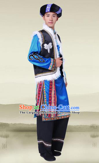 China Qiang Nationality Folk Dance Costumes Suchuan Province Ethnic Minority Male Blue Outfits and Hat