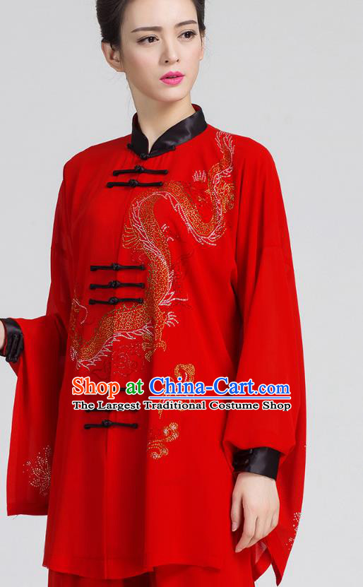 China Kung Fu Costumes Tai Chi Red Three Pieces Uniforms Martial Arts Competition Clothing