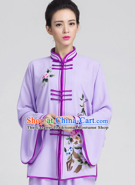 China Women Tai Chi Training Costumes Traditional Kung Fu Embroidered Violet Outfits