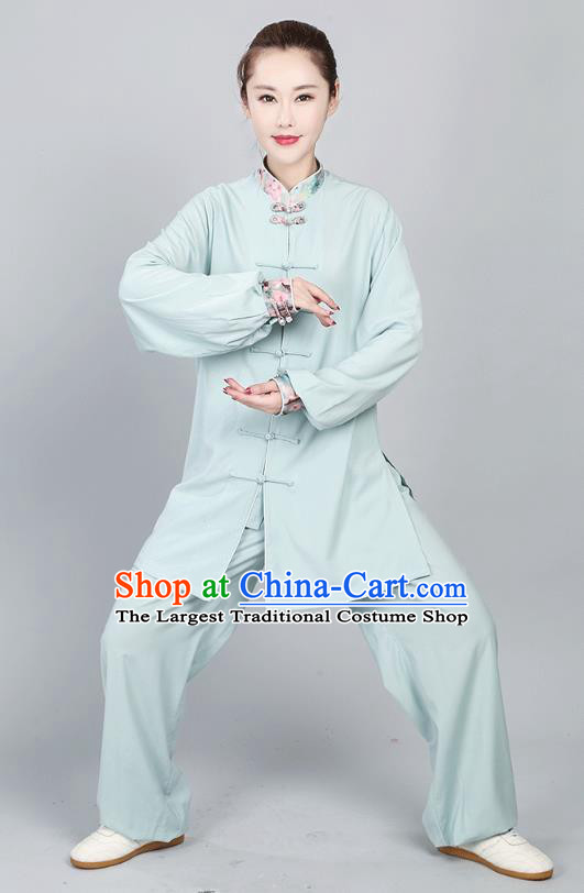 China Tai Chi Training Clothing Kung Fu Performance Costumes Martial Arts Light Green Flax Uniforms