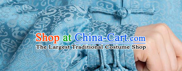 China Kung Fu Training Costumes Traditional Tai Chi Performance Blue Silk Uniforms