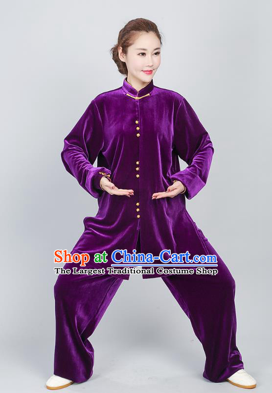 China Kung Fu Training Clothing Tai Chi Performance Costumes Martial Arts Purple Pleuche Uniforms