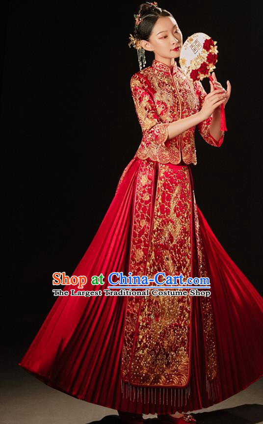 Chinese Bride Embroidered Costumes Classical Xiuhe Suit Red Outfits Traditional Wedding Clothing