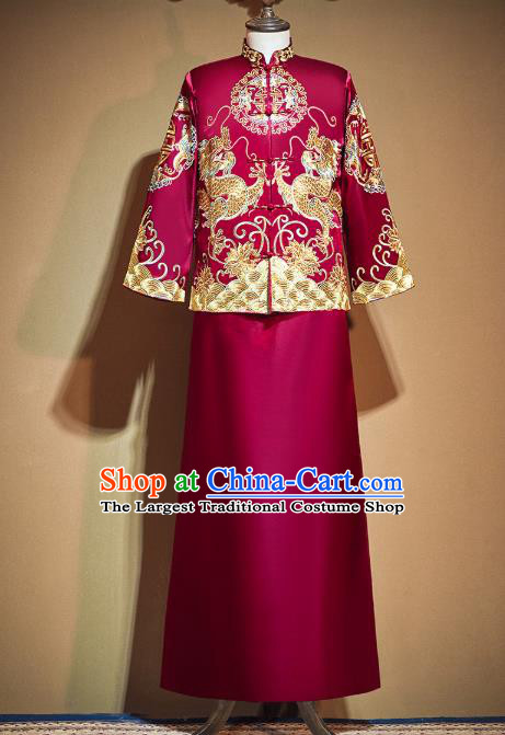 China Classical Bridegroom Costumes Embroidered Red Mandarin Jacket and Long Gown Outfits