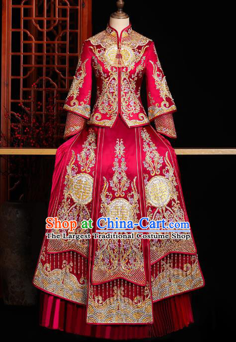 Chinese Traditional Xiuhe Suit Drilling Red Outfits Wedding Embroidered Clothing Classical Bride Toast Costumes