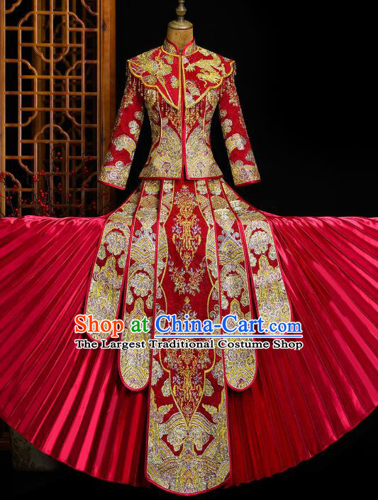 Chinese Classical Bride Toast Costumes Traditional Xiuhe Suit Drilling Red Outfits Wedding Embroidered Clothing