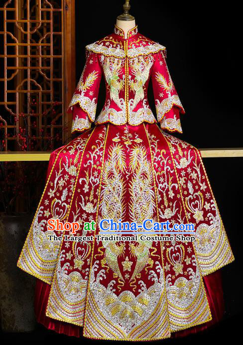 Chinese Wedding Embroidered Red Clothing Classical Bride Toast Costumes Traditional Xiuhe Suit Drilling Phoenix Outfits