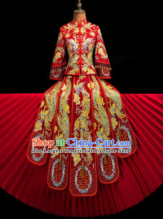 Chinese Traditional Xiuhe Suit Drilling Golden Phoenix Outfits Wedding Clothing Classical Bride Toast Embroidered Costumes