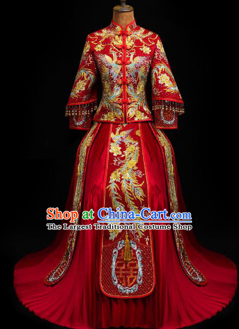 Chinese Traditional Xiuhe Suit Drilling Golden Phoenix Outfits Wedding Clothing Classical Bride Toast Embroidered Costumes