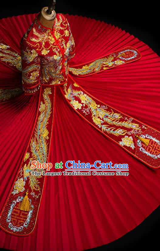 Chinese Traditional Xiuhe Suit Drilling Golden Phoenix Outfits Wedding Clothing Classical Bride Toast Embroidered Costumes