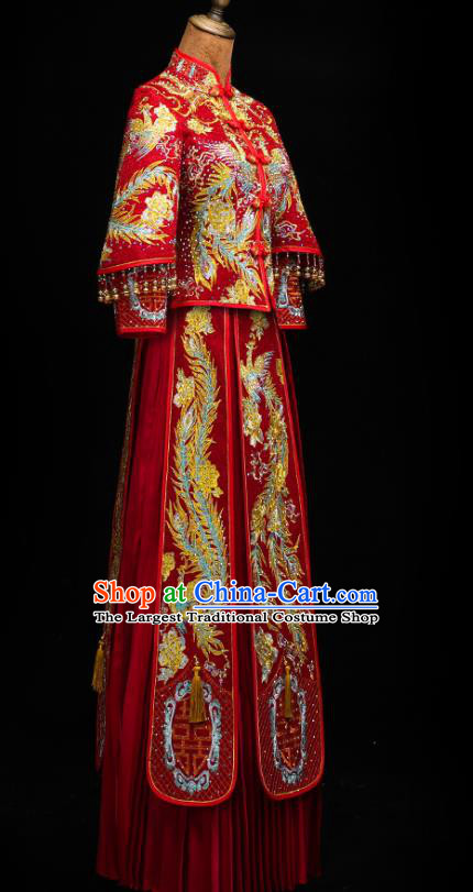 Chinese Traditional Xiuhe Suit Drilling Golden Phoenix Outfits Wedding Clothing Classical Bride Toast Embroidered Costumes