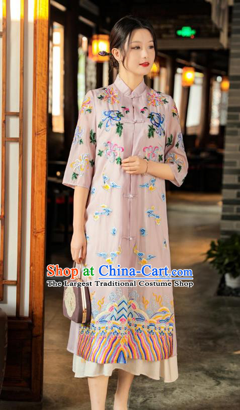 China Woman Embroidered Pink Dust Coat Traditional Tang Suit Outer Garment