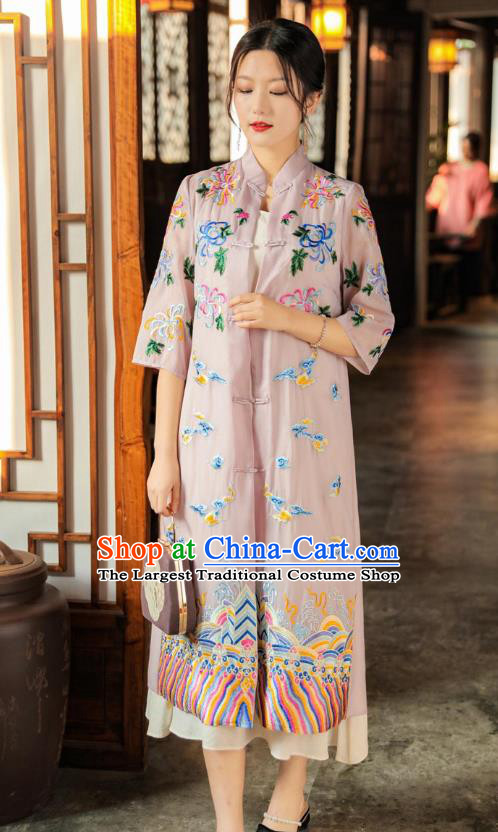 China Woman Embroidered Pink Dust Coat Traditional Tang Suit Outer Garment