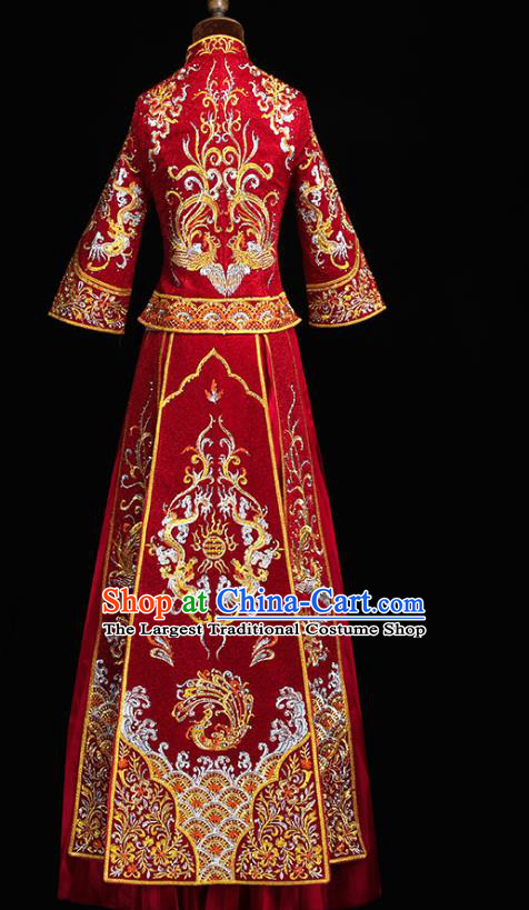 Chinese Wedding Diamante Dragon Phoenix Outfits Clothing Bride Toast Embroidered Costumes Traditional Red Xiuhe Suit
