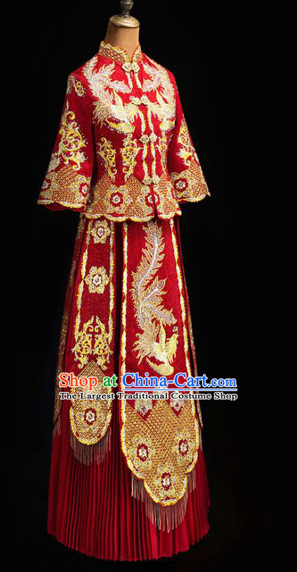 Chinese Traditional Red Xiuhe Suit  Wedding Diamante Golden Phoenix Outfits Clothing Bride Toast Embroidered Costumes