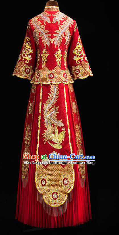 Chinese Traditional Red Xiuhe Suit  Wedding Diamante Golden Phoenix Outfits Clothing Bride Toast Embroidered Costumes