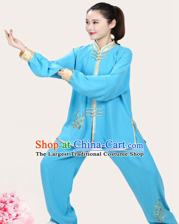China Female Kung Fu Training Clothing Traditional Martial Arts Competition Embroidered Bamboo Blue Uniforms