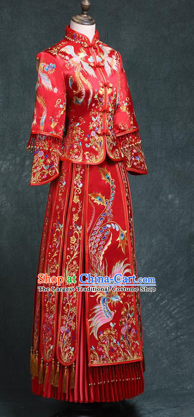 Chinese Traditional Embroidery Phoenix Peony Xiuhe Suit Wedding Toast Red Outfits Clothing Ancient Bride Costumes