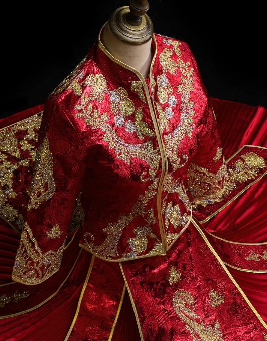 Chinese Bride Toast Costumes Traditional Embroidered Red Xiuhe Suit Wedding Diamante Golden Phoenix Outfits Clothing