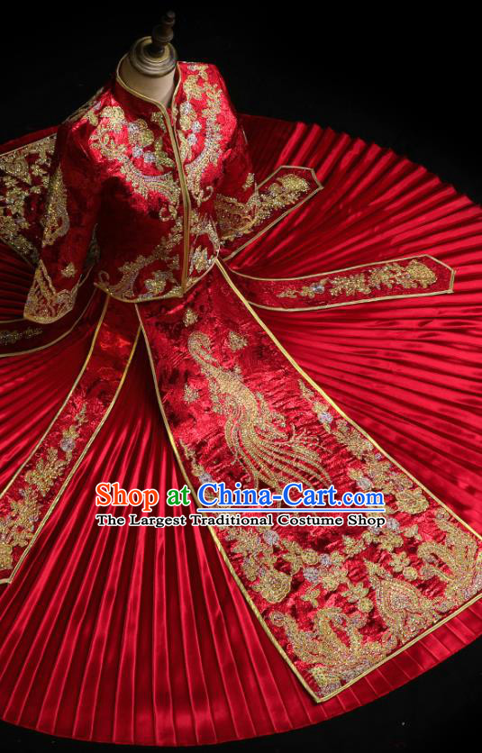 Chinese Bride Toast Costumes Traditional Embroidered Red Xiuhe Suit Wedding Diamante Golden Phoenix Outfits Clothing