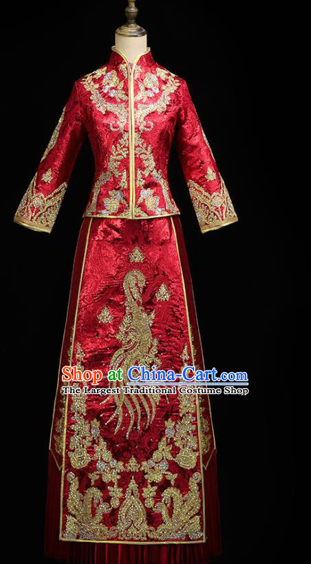 Chinese Bride Toast Costumes Traditional Embroidered Red Xiuhe Suit Wedding Diamante Golden Phoenix Outfits Clothing