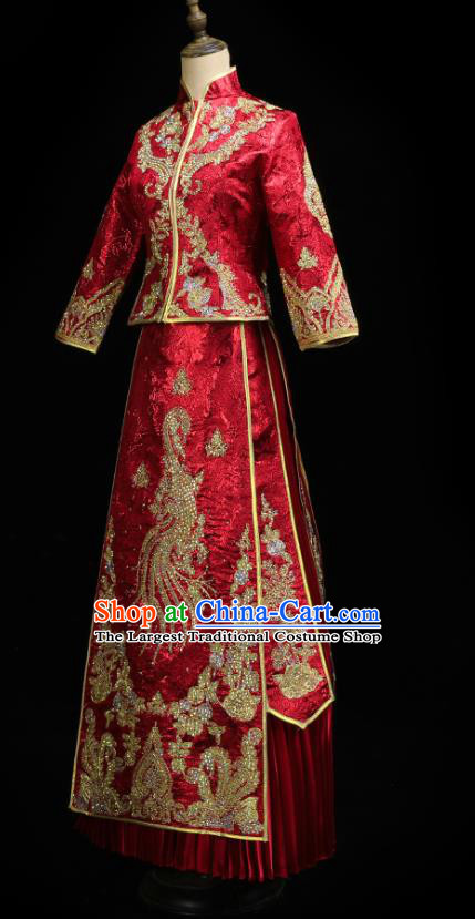 Chinese Bride Toast Costumes Traditional Embroidered Red Xiuhe Suit Wedding Diamante Golden Phoenix Outfits Clothing