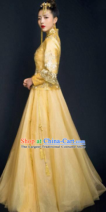 Chinese Wedding Toast Clothing Embroidery Yellow Veil Outfits Ancient Bride Costumes Traditional Xiuhe Suit