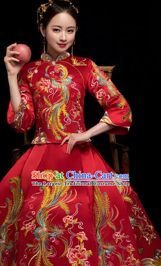 Chinese Embroidery Phoenix Peony Red Outfits Ancient Bride Costumes Traditional Xiuhe Suit Wedding Toast Clothing