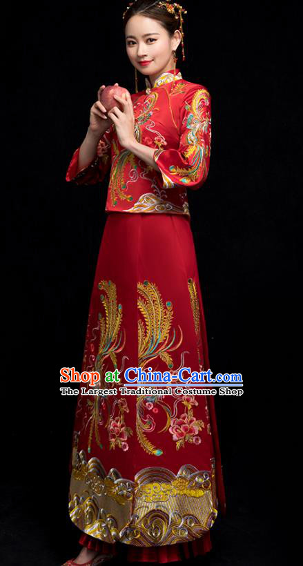 Chinese Embroidery Phoenix Peony Red Outfits Ancient Bride Costumes Traditional Xiuhe Suit Wedding Toast Clothing