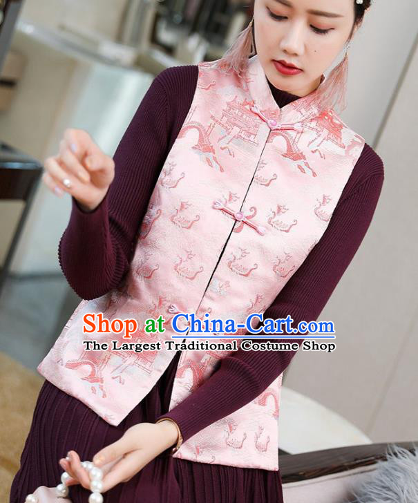 Chinese Tang Suit Waistcoat National Pink Brocade Vest Upper Outer Garment