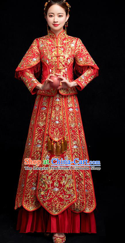 Chinese Ancient Bride Embroidery Costumes Traditional Xiuhe Suit Wedding Toast Clothing Red Tassel Outfits
