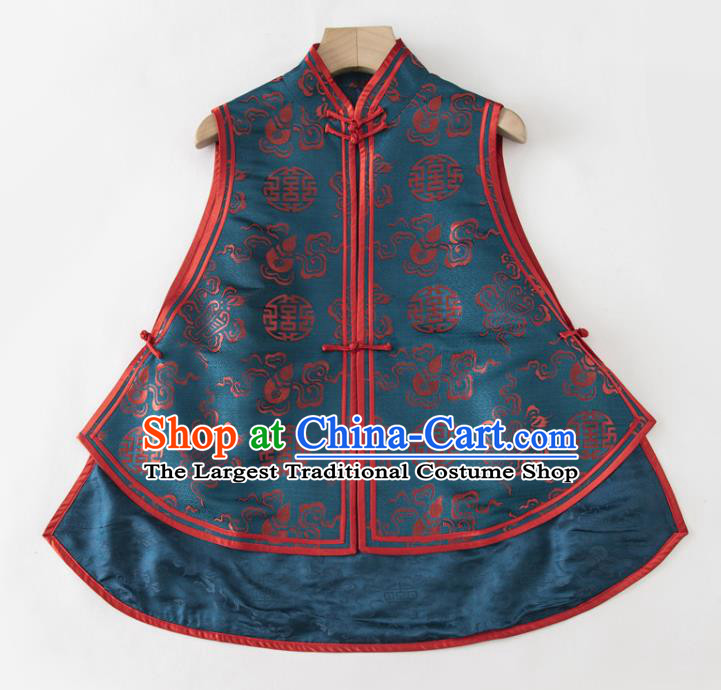 Chinese National Blue Brocade Vest Upper Outer Garment Tang Suit Waistcoat