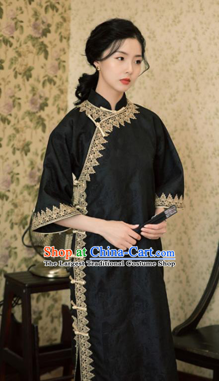 Chinese Shanghai Qipao Dress Traditional Young Lady Clothing National Wide Sleeve Black Cheongsam