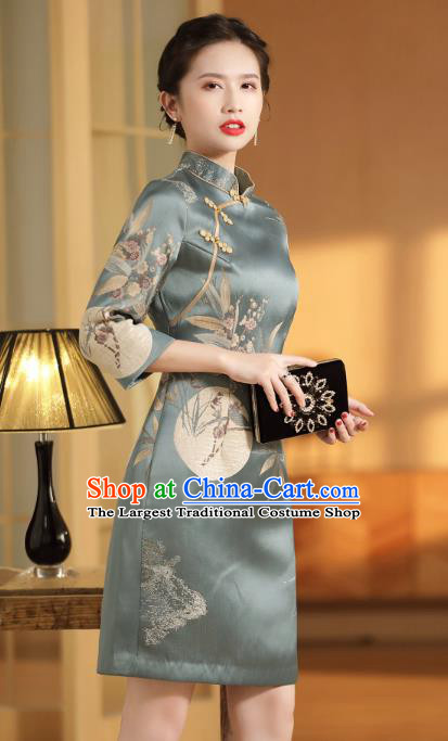 Chinese Classical Plum Blossom Pattern Blue Qipao Dress National Women Clothing Traditional Silk Cheongsam