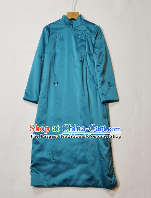 Chinese Classical Qipao Dress National Women Clothing Traditional Peacock Blue Silk Cheongsam