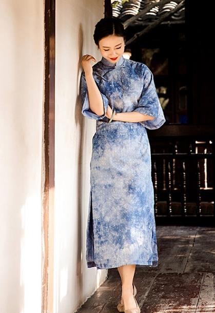 Chinese National Women Cheongsam Traditional Tie Dye Clothing Classical Blue Qipao Dress