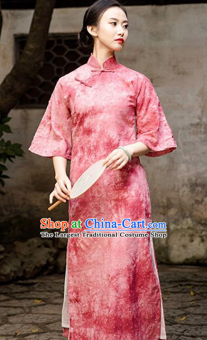 Chinese Classical Pink Qipao Dress National Women Cheongsam Traditional Tie Dye Clothing